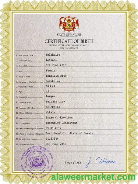 Hawaii birth certificate PSD template